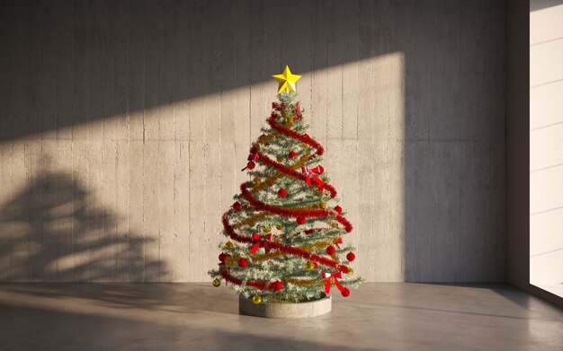 christmas tree with colorful balls gray wall background with a lot of copy space for text