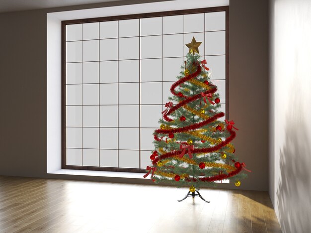 christmas tree with colorful balls gray wall background with a lot of copy space for text