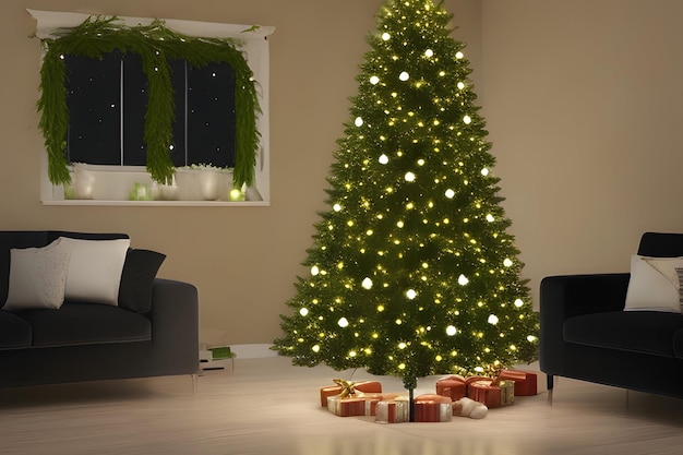 Christmas tree with colorful baubles and gold star on the top glowing festive background