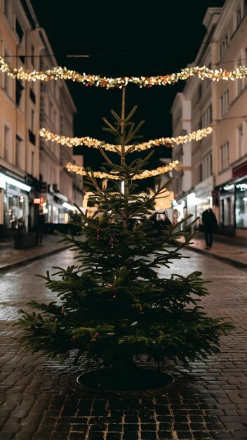 Christmas tree with cones on a city street illuminated with a garland