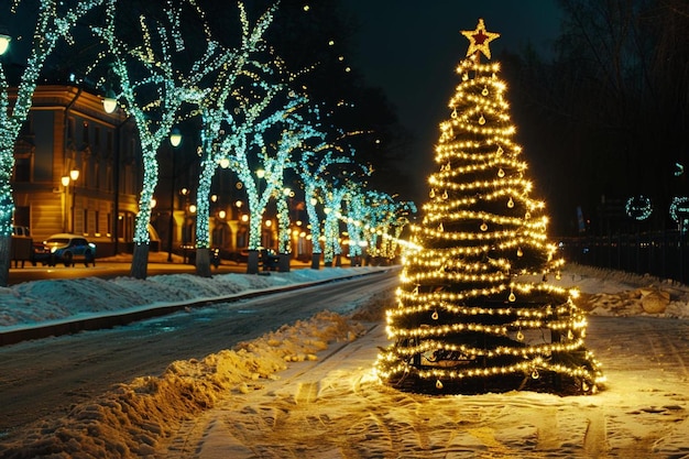 Christmas tree with cones on a city street illuminated with a garland