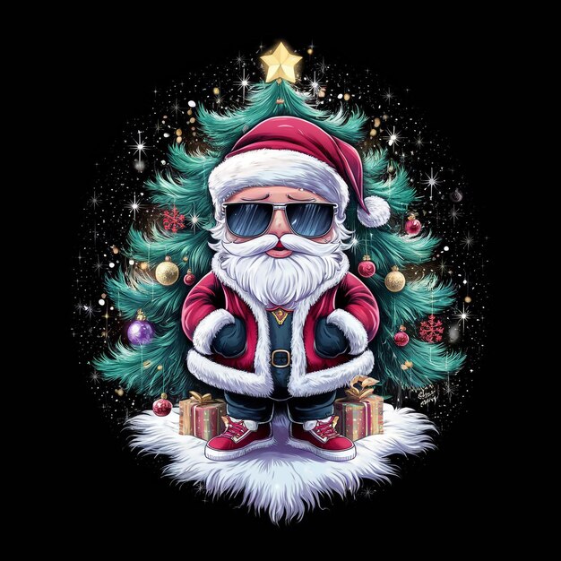 Photo a christmas tree with cool santa claus isolated on black background