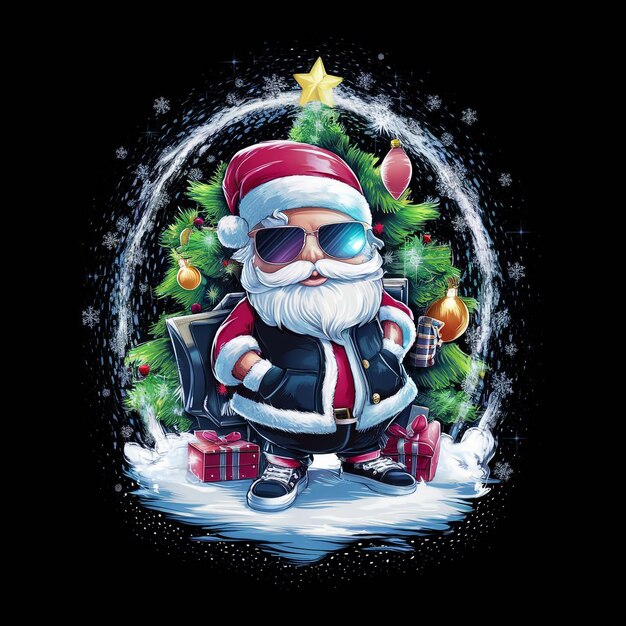 Photo a christmas tree with cool santa claus isolated on black background