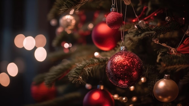 Christmas tree with decoration balls and lights generative ai