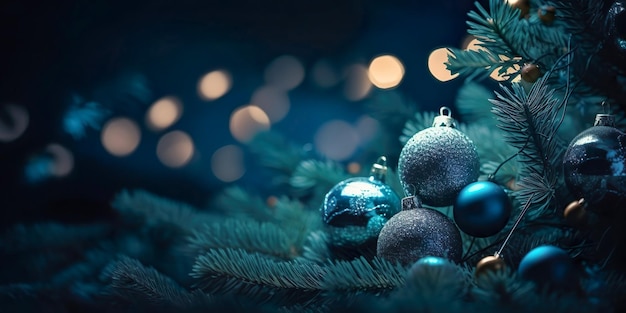 Christmas Tree with Decoration red balls and lights In abstract defocused background Bokeh garlands in the background New Year concept Generate Ai