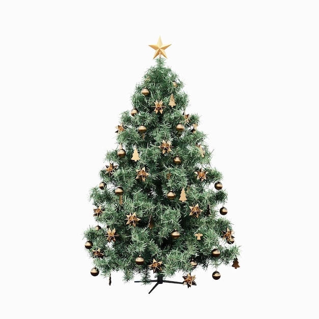 Christmas tree with decorations, isolated on white background, 3D illustration, cg render