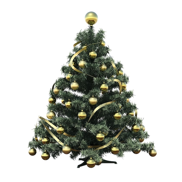 Christmas tree with decorations, isolated on white background, 3D illustration, cg render