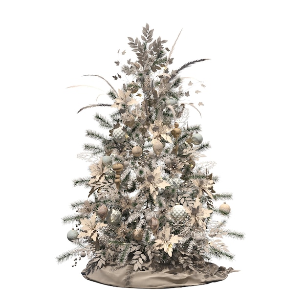 Christmas tree with decorations, isolated on white background, 3D illustration, cg render