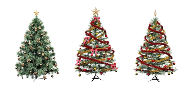 Christmas tree with decorations, isolated on white background, 3D illustration, cg render