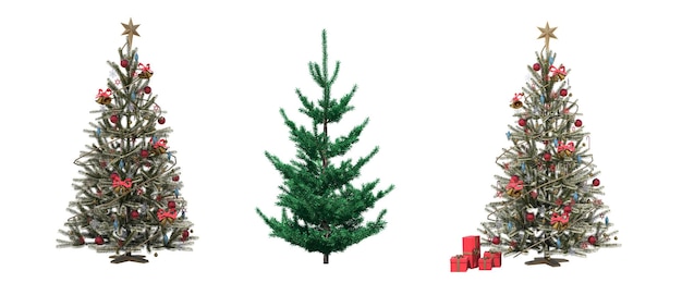 Christmas tree with decorations, isolated on white background, 3D illustration, cg render