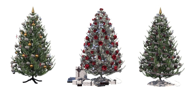 Christmas tree with decorations, isolated on white background, 3D illustration, cg render