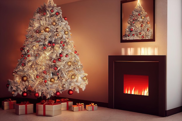 Christmas Tree with Decorations Near a Fireplace with Lights 3d render 3D illustration