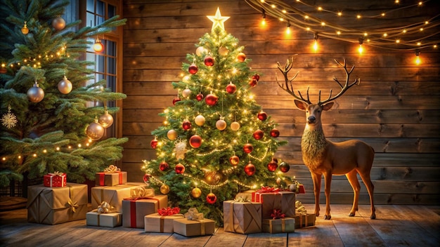 a christmas tree with a deer and presents under it