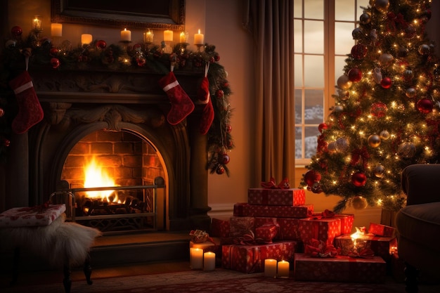 Christmas tree with fireplace in living room generative AI