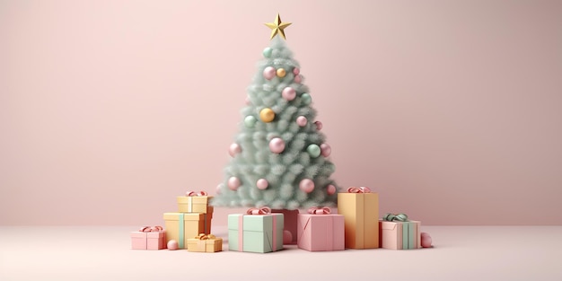 Christmas tree with gift box in the corner on a pastel background copy space