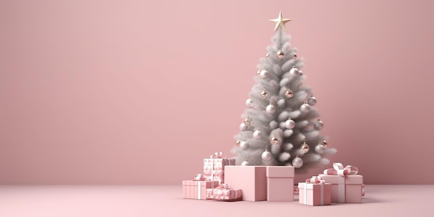 Christmas tree with gift box in the corner on a pastel background copy space