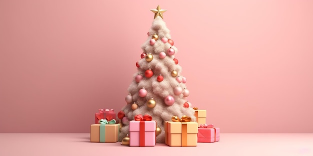 Christmas tree with gift box in the corner on a pastel background copy space