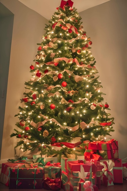 A christmas tree with a gift under it