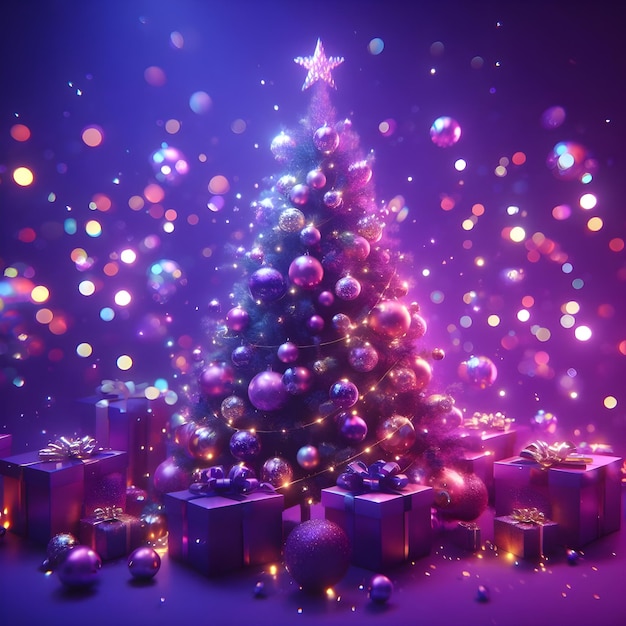 Christmas tree with gifts and bubbles on a purple background 3d rendering