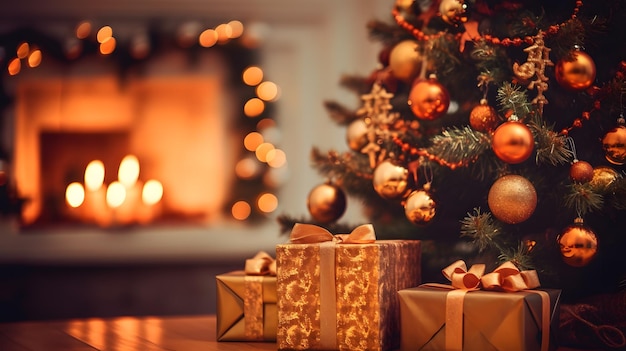 Christmas tree with gifts and fireplace in the background Selective focus