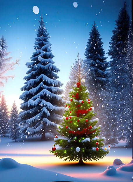 Christmas tree with gifts in a winter landscape