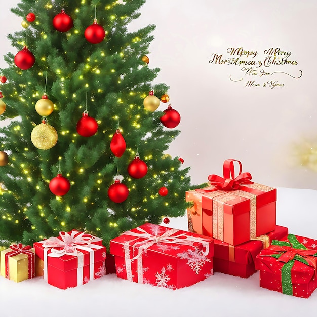 Christmas tree with glass balls red bows and garlands with yellow light on the background of a fire