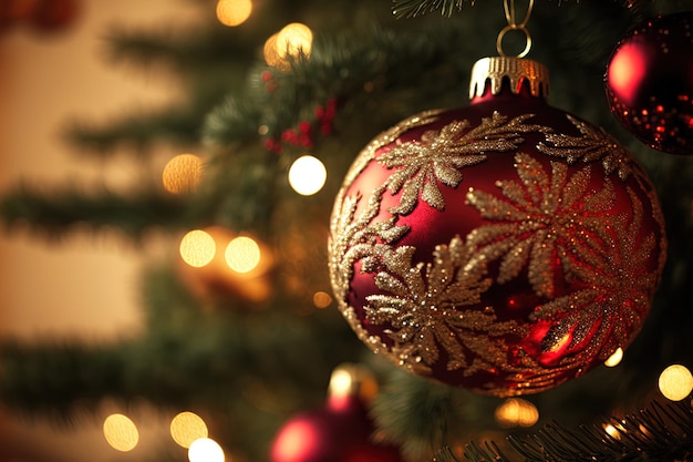 Christmas tree with glistening lights and red ball ornaments