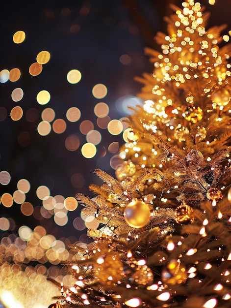 A Christmas tree with gold lights in the background