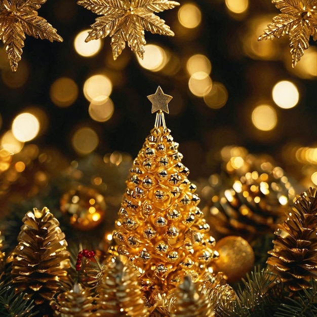 a Christmas tree with gold ornaments and a green background