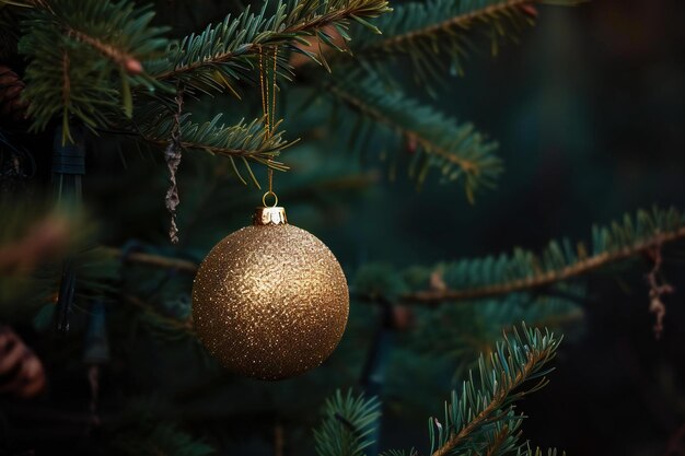 Christmas tree with golden baubles closeup on blurred background