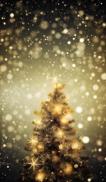 Christmas tree with golden lights and snowflakes on dark background