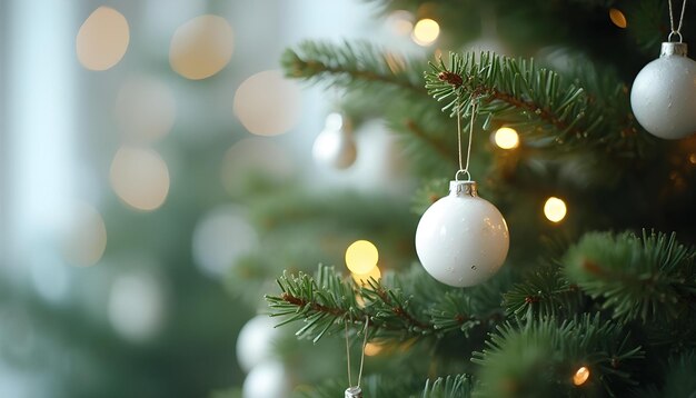 a christmas tree with a green and white ball and a white bauble