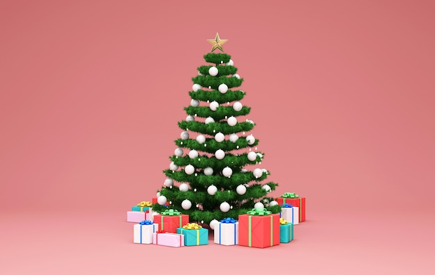 Christmas Tree with Heap of Gift Boxes on pink studio background