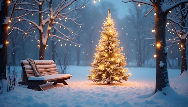 Photo a christmas tree with lights on it and a bench in the snow