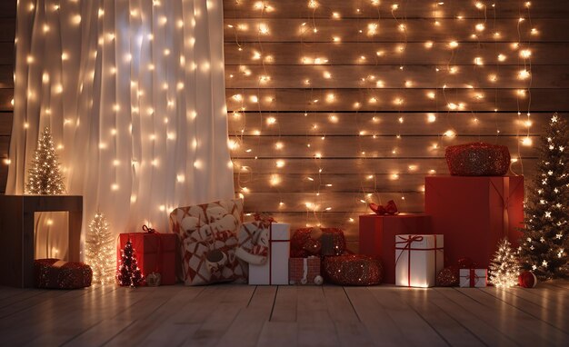 a christmas tree with lights on it and a box of presents in front of a wall with a christmas tree and lights behind it