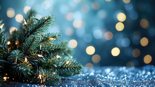 A Christmas tree with lights on it is on a blue background