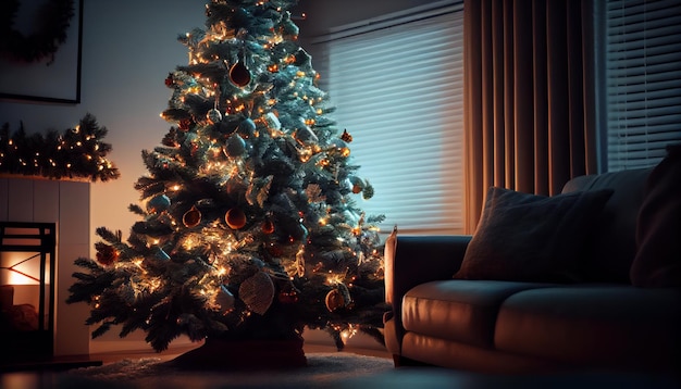 Christmas tree with lights in living room realistic AI generated