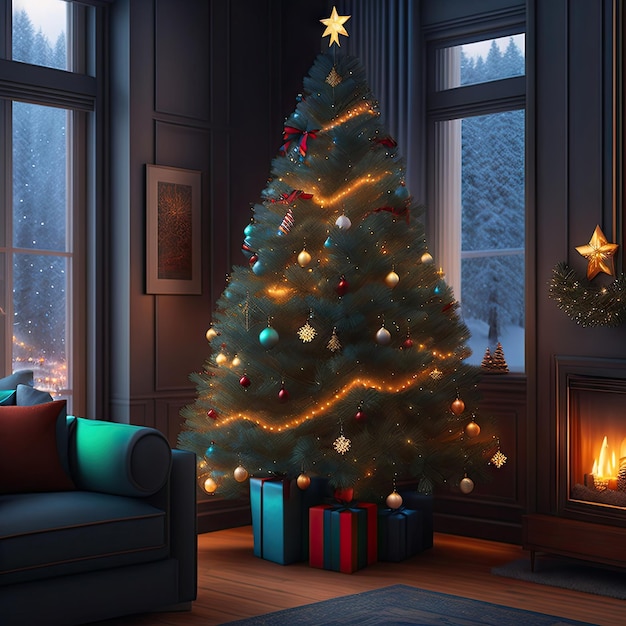 Christmas tree with lights in living room