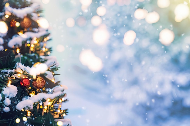 A christmas tree with lights and snow on it