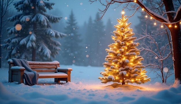 a christmas tree with lights in the snow