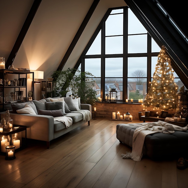 Christmas tree with lights and star in a loft room AI Image