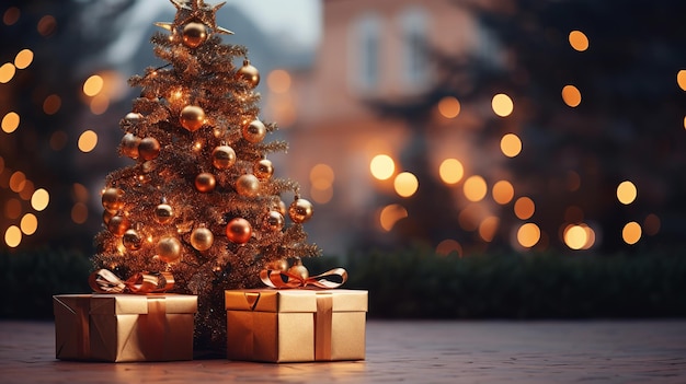 A Christmas tree with many ornaments and a few gold boxes