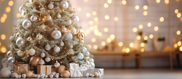 A Christmas tree with many ornaments and a few gold boxes