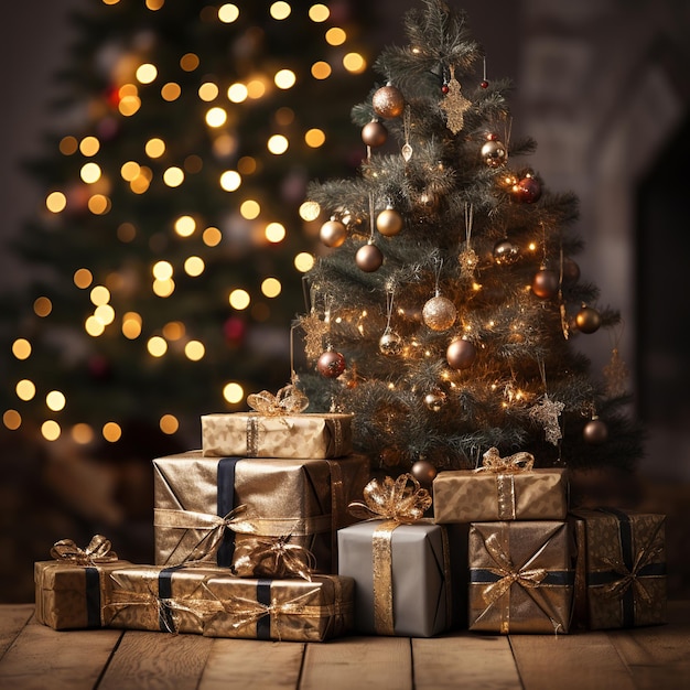 A Christmas tree with many ornaments and a few gold boxes