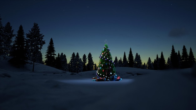 Christmas tree with new year toys decorations and gifts in a snowy forest on the eve of new year