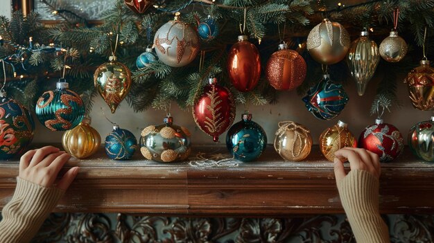 Photo a christmas tree with ornaments and a christmas tree on the mantle