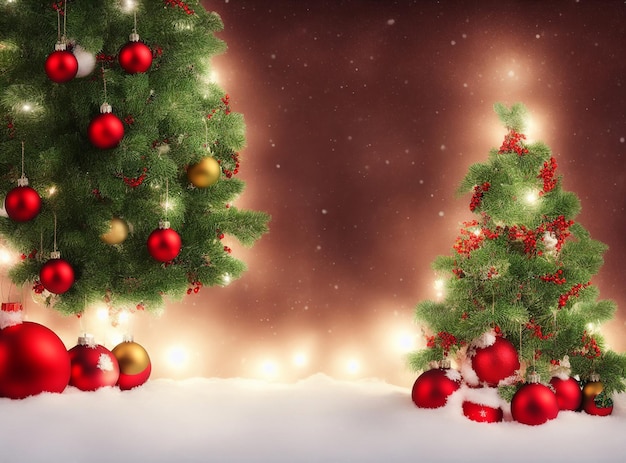 Christmas tree with ornaments and gifts on snow ground