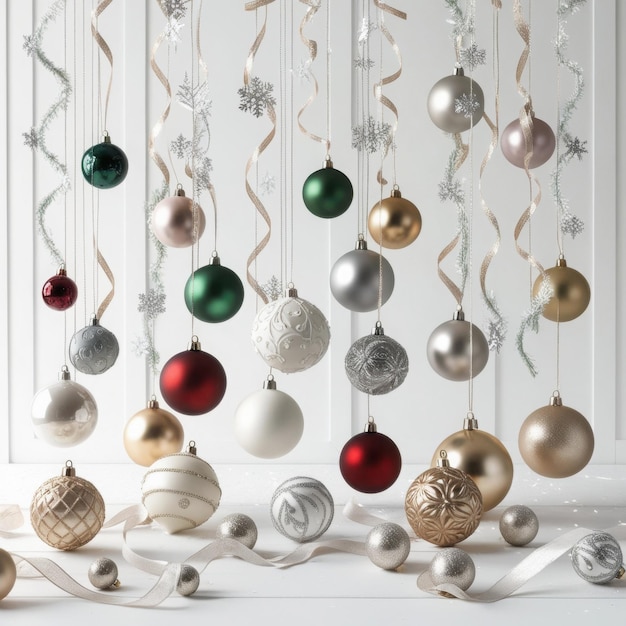 A Christmas tree with ornaments hanging on a white wall