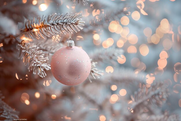 A Christmas tree with a pink ornament hanging from it