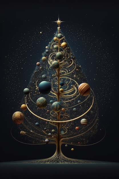 Christmas tree with planets all around it generative ai